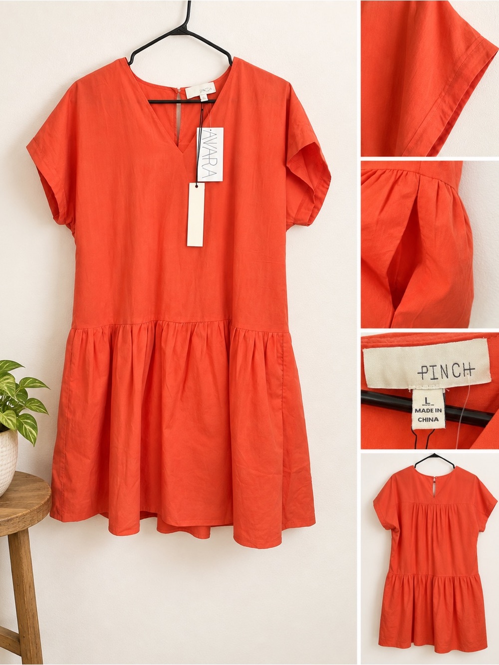 Avara Pinch Size L Cece Dress Orange Short Sleeve Fit Flare Pockets New NWT